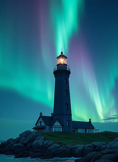 Guiding lighthouse under the aurora - for entrepreneurs seeking tailored WordPress SEO services to optimize and attract ideal clients